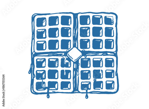 Hand Drawn Waffle Sketch.Blue Graphic Waffle with Butter.Vintage Breakfast Food Icon.Doodle Style Waffle Square.Melting Butter Waffle Vector