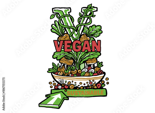 Vegan Sustainable doodle artwork.Plant based diet bowl graphic.Hand drawn V letter food logo.Organic healthy lifestyle badge.Sustainable nutrition con