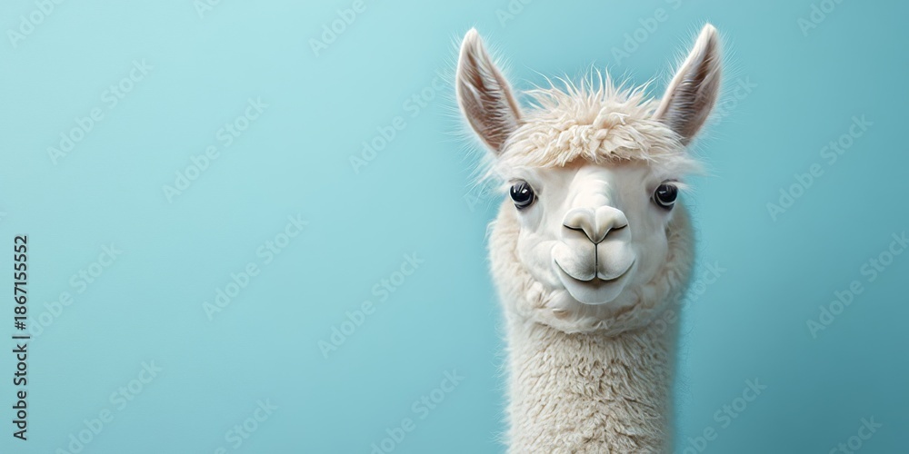 Obraz premium White alpaca posing on a turquoise background