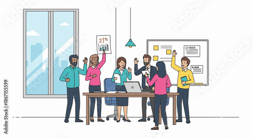 Diverse Team Celebrating Success in an Office Setting with Raised Hands and Joyful Expressions