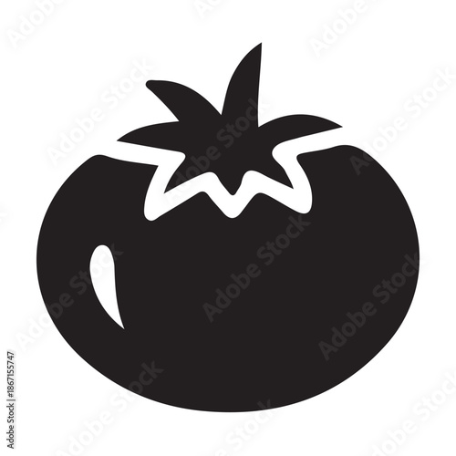 A simple black and white illustration of a ripe tomato with a visible stem and subtle highlight