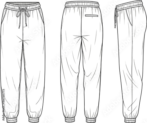 Men jogger pants technical fashion illustration showing front back and side views with elastic waist drawstring casual design