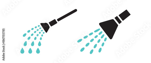 a simple illustration depicting two black watering can spouts releasing streams of teal water droplets isolated on white