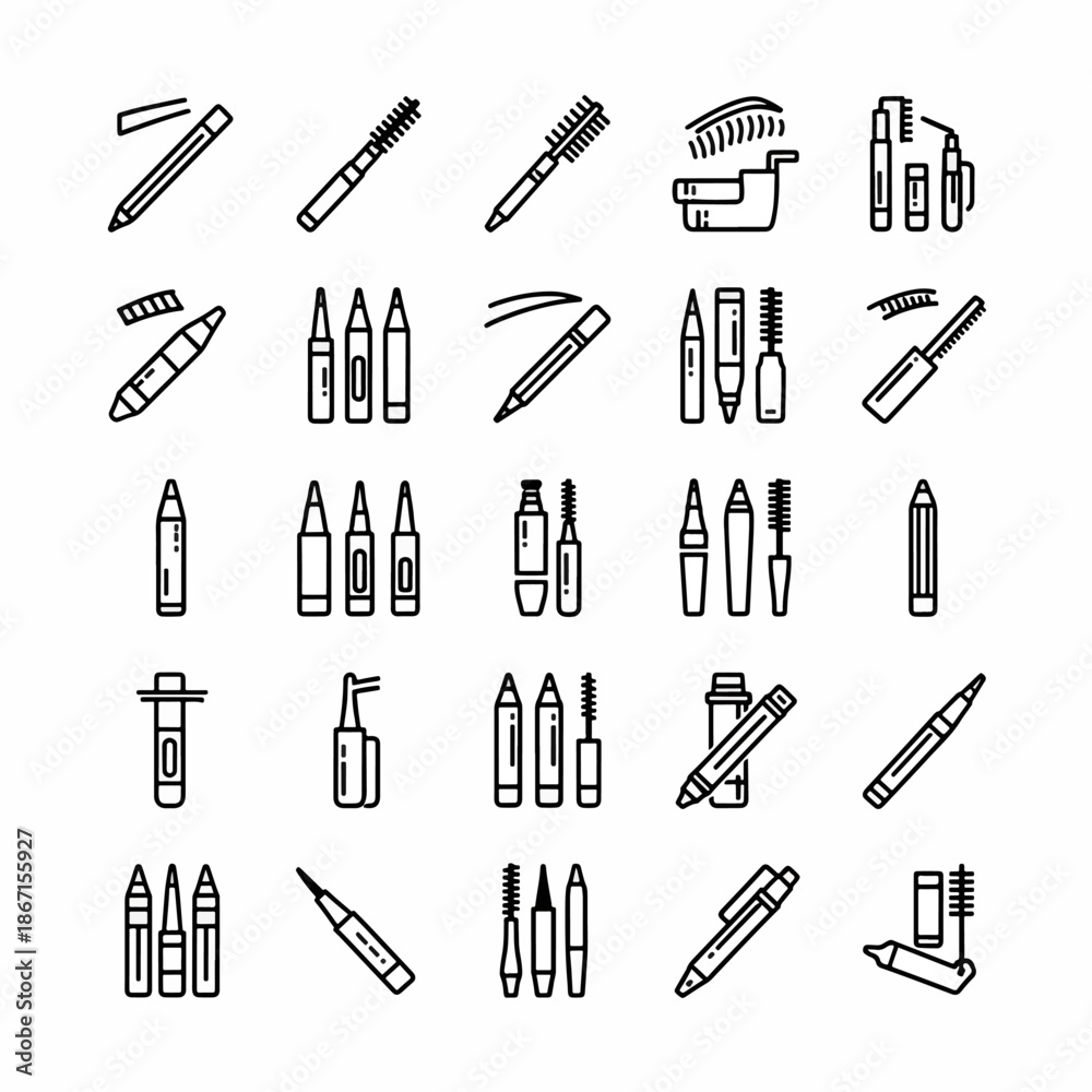 Obraz premium Collection of Cosmetic Makeup Products Icons Set Vector Line Art Style Thin Outline Symbols for Beauty Industry Applications