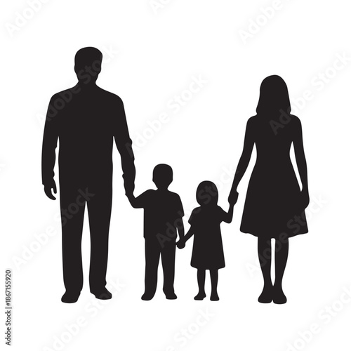 A simple black silhouette depicts a family of four holding hands showcasing togetherness and parental love