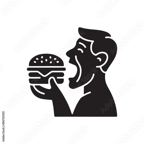 A stylized illustration depicts a man eagerly consuming a large hamburger showcasing a moment of joyful indulgence and appetite