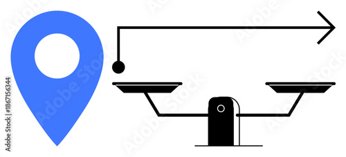 Decision-making, navigation, location services, judgment balance, directional focus, resource allocation. A blue location pin, a scale and an arrow balance and direction. Balancing decisions
