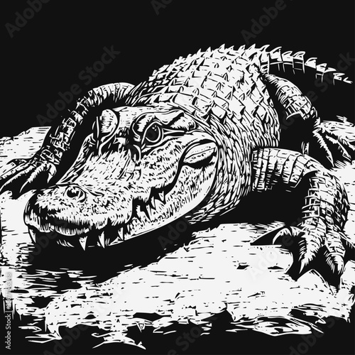 Detailed Black and White Illustration of a Crocodile