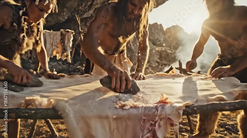 Primitive adult men and woman processing animal hides in an ancient settlement. Concept of early human survival