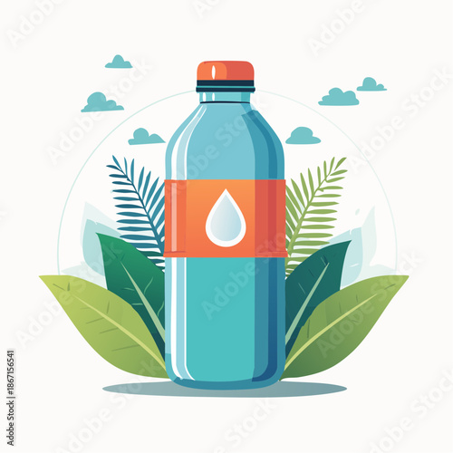 Vibrant illustration of a clean, eco-friendly water bottle, emphasizing hydration and health amidst a backdrop of lush green leaves, perfect for promoting wellness and sustainability