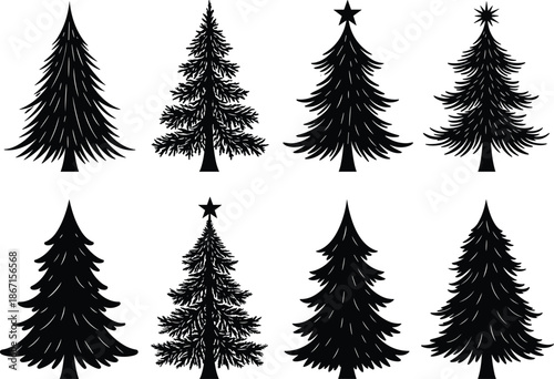 Christmas, Holiday, Festive, Winter, Tree, Pine, Fir, Spruce, Star, Ornament, Evergreen, Symbol, Decoration, Celebration, Season, Silhouette, Vector, Illustration, Artwork, Design, Style