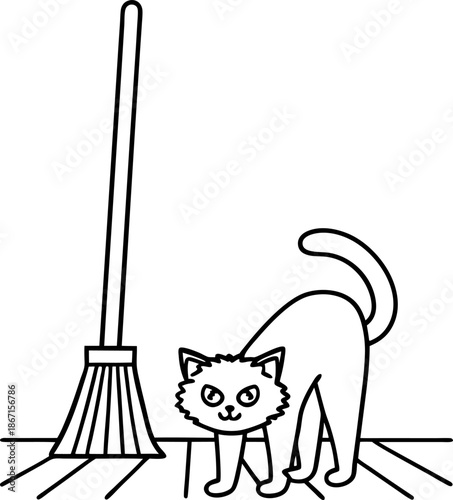 black and white line drawing of a curious cat standing near a broom on wooden floor