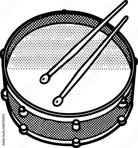Snare drum with drumsticks isolated, musical percussion instrument for rhythm and beats
