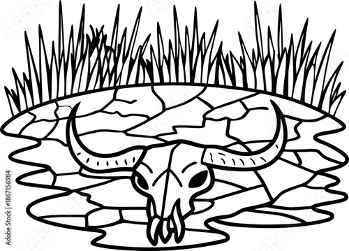 Bison skull on cracked dry earth near tall grass in arid drought landscape