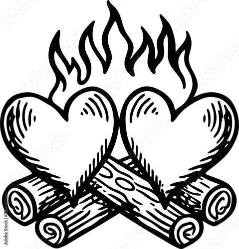 Two hearts on burning logs flames illustration, romance passion love symbol
