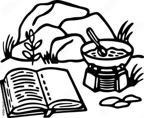 Bible and communion cup with spoon near rocks and grass in outdoor religious scene