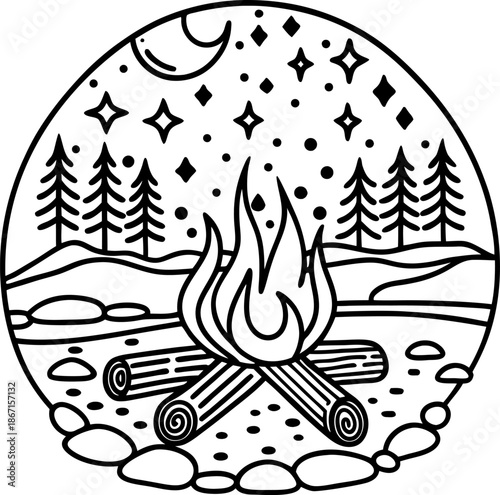 Campfire burning in the forest at night under stars and crescent moon