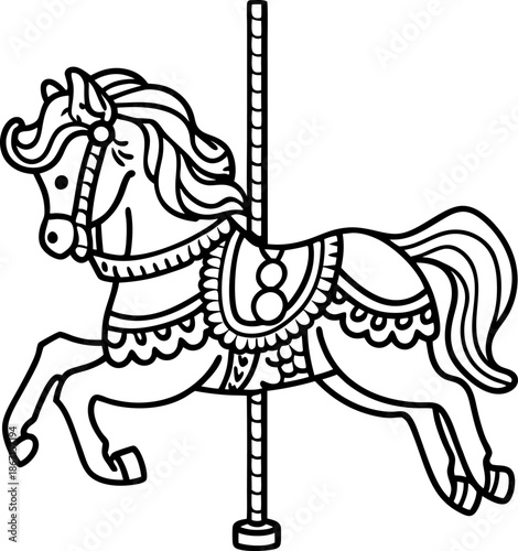 Carousel horse with decorative saddle and flowing mane on a vertical pole