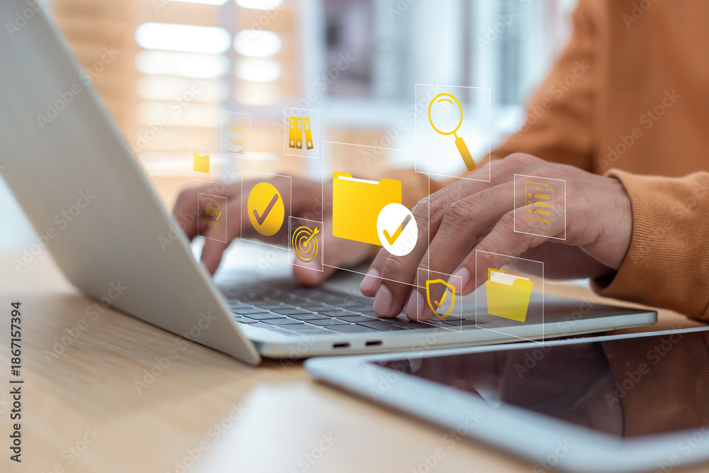 Obraz premium Person archiving sensitive information on secure online database, data management and privacy concept.