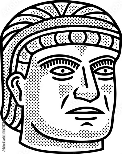 ancient olmec colossal head illustration with detailed facial features and headwear design