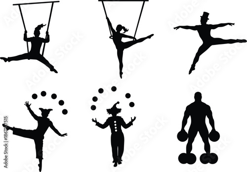 Circus silhouette, trapeze artist, clown juggling, strongman act, acrobat performance, carnival show, stage entertainment, vintage circus