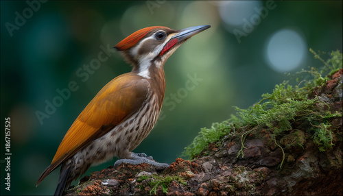 Woodpecker on Branch A striking woodpecker with vibrant plumage perches elegantly on a moss-covered branch, its focused gaze and poised demeanor capturing the raw beauty of the natural world.