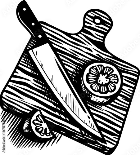 Knife and cutting board with sliced tomato culinary kitchen tool and food preparation illustration