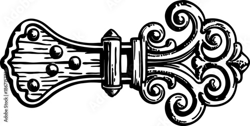 Vintage ornamental door handle with intricate floral and swirl design in black and white