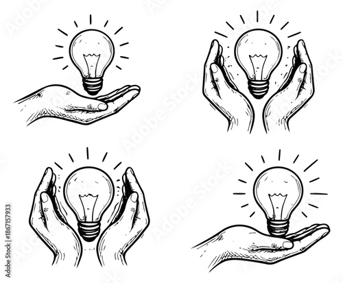 Hand drawn line art set featuring lightbulbs with radiating lines held by human hands for concepts of idea, creativity, and innovation