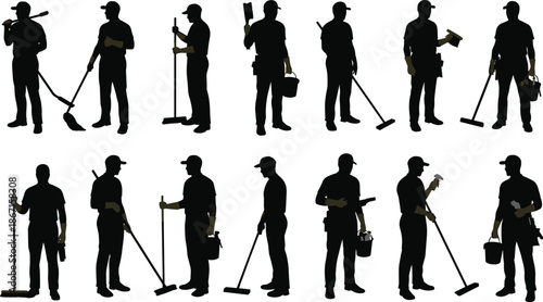 Cleaner silhouette set, janitor worker vector collection, maintenance staff, hygiene service, cleaning tools, labor occupation illustration