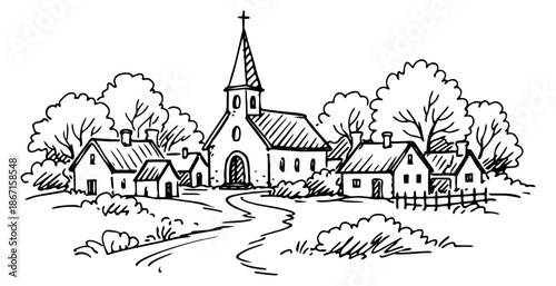 Hand drawn illustration of a village scene depicting a peaceful rural landscape for community and travel