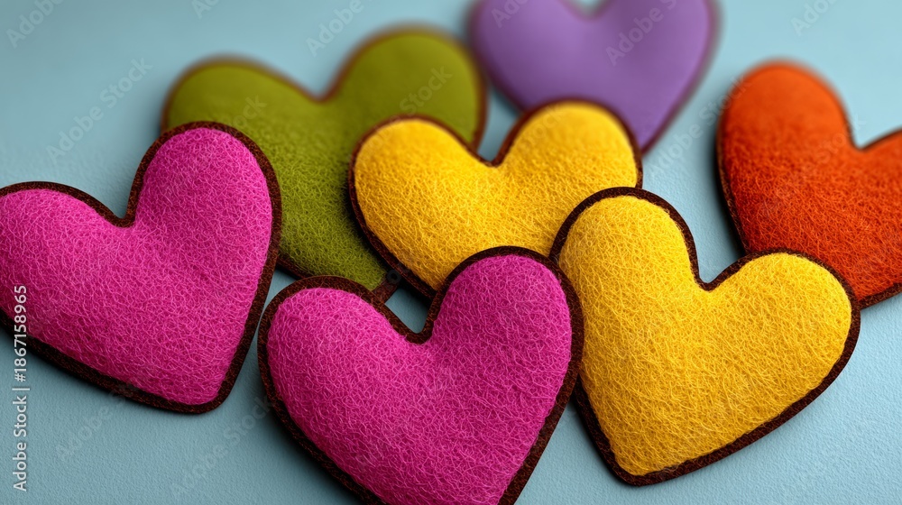 Fototapeta premium Colorful felt heart shapes arranged on a soft blue background, showcasing vibrant neon hues and textures, perfect for creative projects and festive celebrations with copy space
