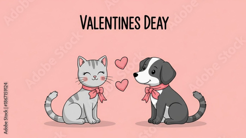 Valentines day illustration of a cute cat and dog sharing love on pink background with hearts with cartoon and affection and friendship and animals