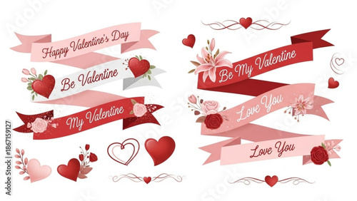 Valentine's day graphic design elements with ribbons hearts and flowers for love and romance themed projects and greeting cards with Valentine s Day