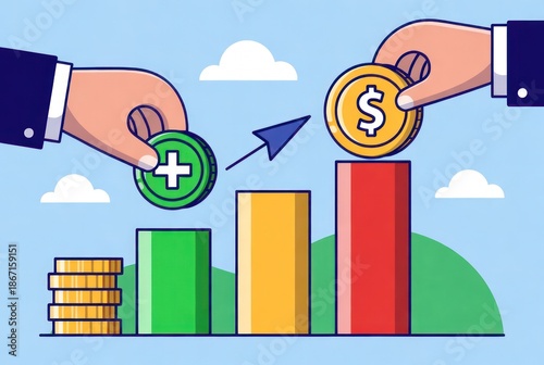 Hands Holding Coins and Bar Graph Illustrating Financial Growth and Investment Opportunities in a Colorful Flat Design Style