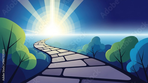 A serene and optimistic illustration of a winding stone pathway leading to a bright sunny horizon with lush green trees on both sides under a vibrant blue sky
