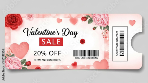 Valentine's day sale ticket with 20 percent off discount coupon surrounded by pink hearts and roses on white background with valentine s day