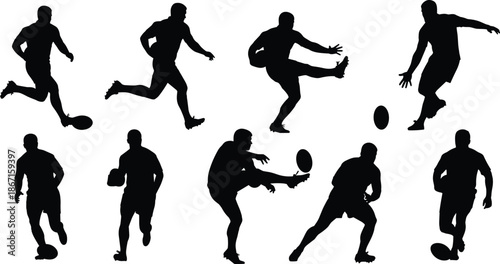Rugby football player silhouettes set, dynamic running kicking passing poses, isolated black action figures on white background for sports design