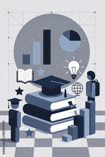 Graduation Concept with Books, Charts, Light Bulb, and Students in a Modern Flat Design Style