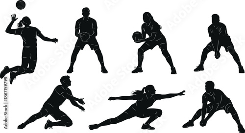 Volleyball player silhouettes collection, male female athletes serving passing digging blocking poses, black sports figures isolated white background vector illustration