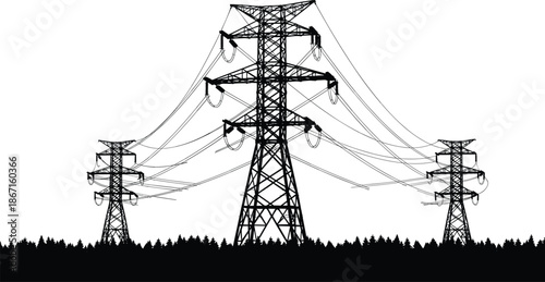 High voltage power transmission towers with overhead lines silhouette above forest landscape isolated on white background illustrating electricity infrastructure concept