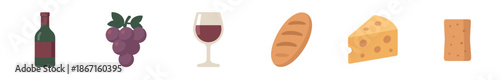 Set of flat design food and drink icons for a wine and cheese tasting, including a bottle, glass, grapes, baguette, and two different types of cheese for a gourmet meal