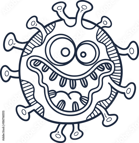 funny virus character with big eyes and wide open smiling mouth, humorous germ illustration