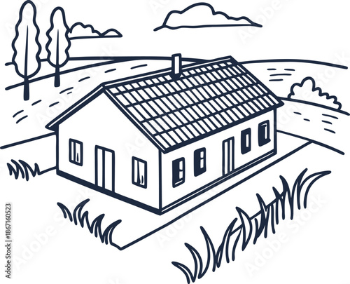 Simple countryside house sketch with trees, grass, and clouds in the background