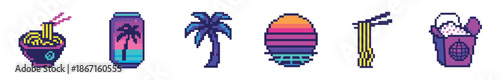 Set of retro pixel art icons featuring ramen, a soda can, a palm tree, a sunset, a cassette tape, and a takeout box in a vibrant vaporwave aesthetic