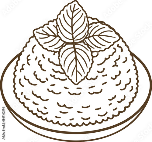 Rice with herb garnish on a plate simple outline drawing of food dish with decorative leaves on top