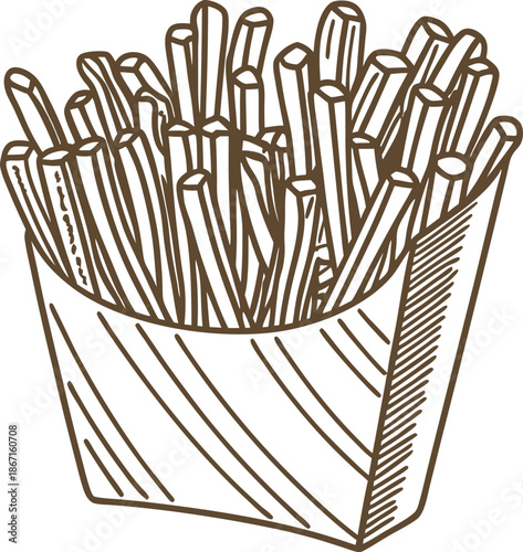 Hand drawn illustration of french fries in a paper container, fast food snack concept