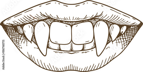 vampire mouth with sharp fangs and detailed lips sketch in vintage