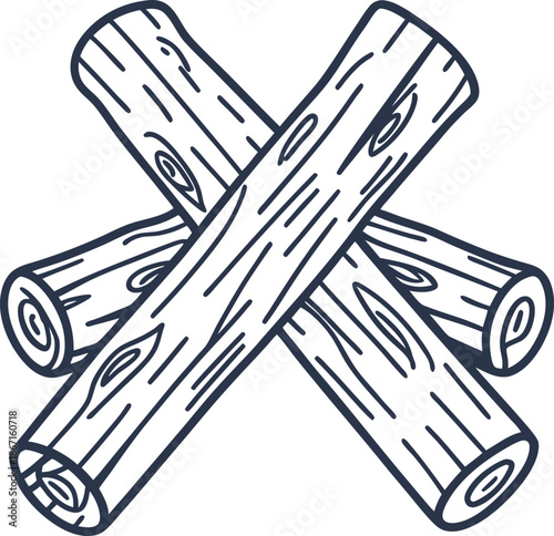 crossed wooden logs stack with bark texture, firewood pieces for campfire or construction