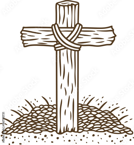 Wooden cross with rope tied, standing on a mound of soil, simple religious symbol illustration